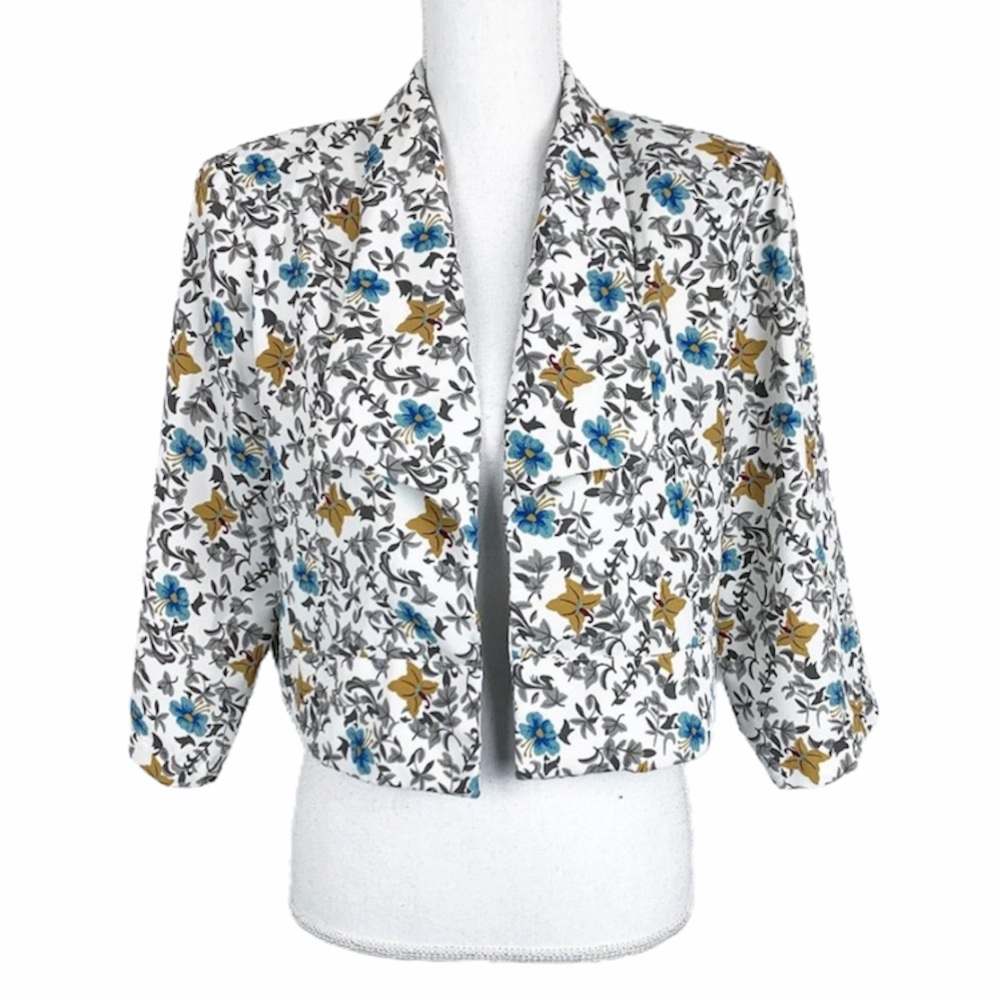 Santino Blazer Women Small Floral Cropped Open Front Outer Career Shoulder Pads